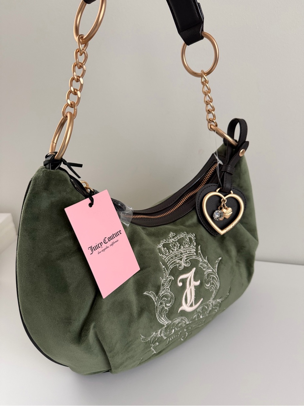 Juicy Couture Olive Green Suede Shoulder Bag with Gold Heart Charm - Picture 2 of 3